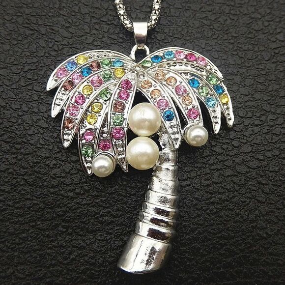 Multi-Color Crystal Rhinestone Coconut Tree Pendant Necklace NWOT - Picture 1 of 3